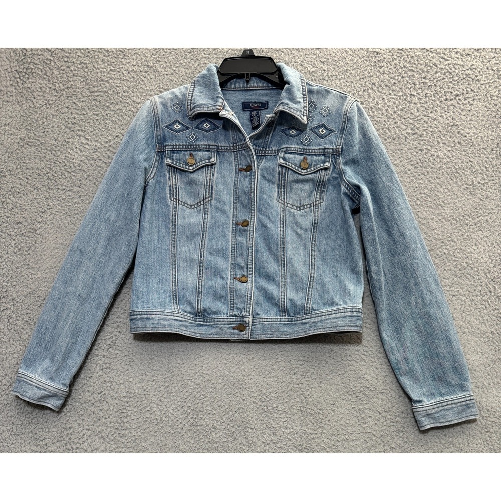 Vintage Chaps Cropped Trucker Denim Jacket Embroidery Detail Collared Size Small